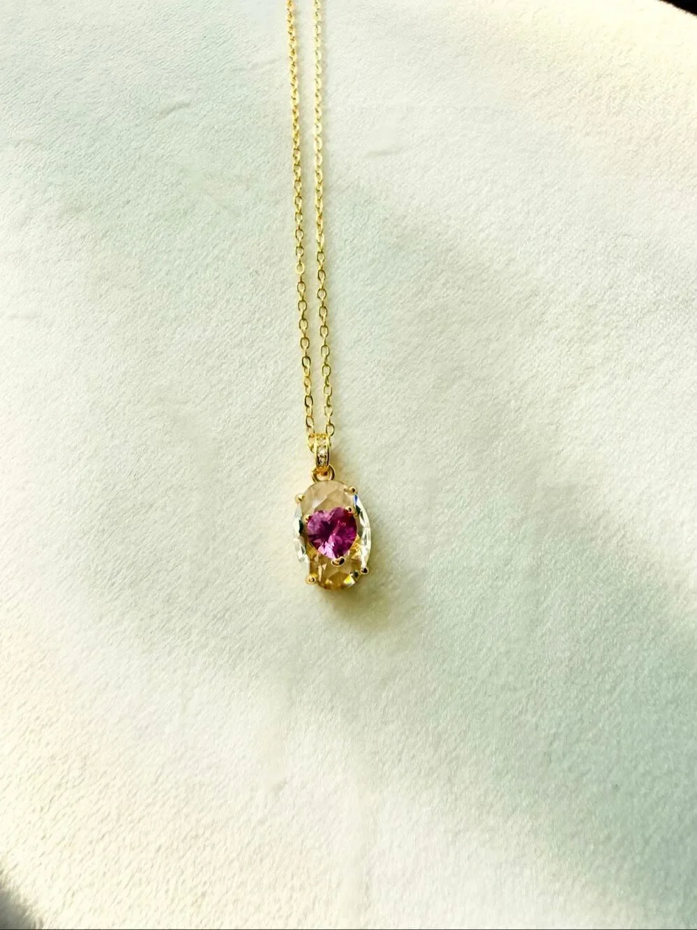 Hot Pink & Clear Cubic Zirconia Oval Pendant Necklace Gold Tone